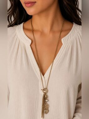 Gold Tone Tassel Charm Toggle Necklace Long Pendant Statement Boho Vintage